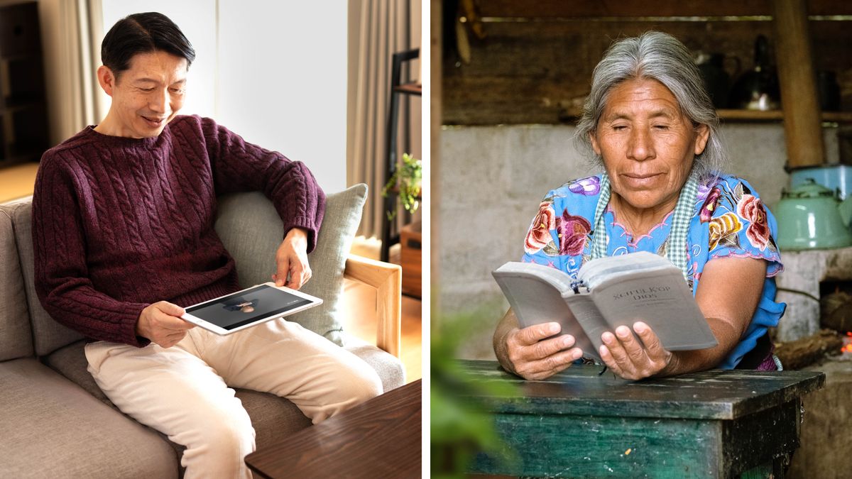 Collage: 1. Un uomo guarda la Bibbia in una lingua dei segni sul tablet. 2. Una donna anziana in una zona rurale ha in mano una copia cartacea della Bibbia nella sua lingua e la legge.