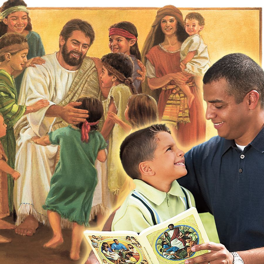 1. Gesù dedica attenzione ai bambini; 2. Un padre legge con il figlio il libro Impariamo dal grande Insegnante