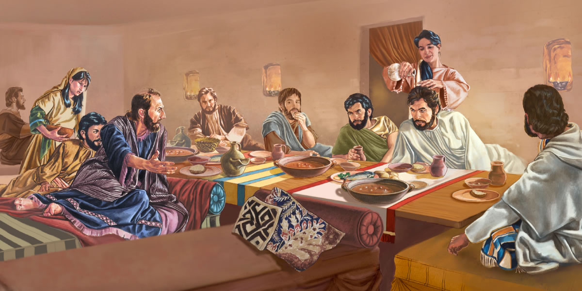 Maria versa olio profumato sulla testa di Gesù mentre lui è a tavola