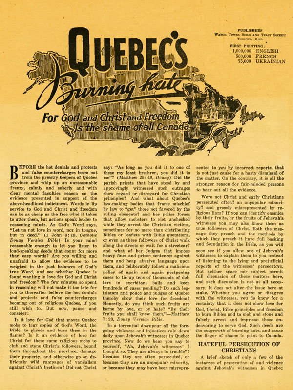 La copertina del volantino L’ardente odio del Quebec per Dio e per Cristo e per la libertà è la vergogna di tutto il Canada