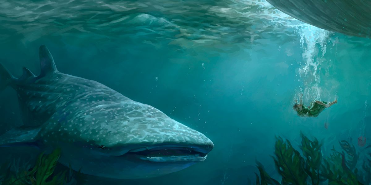 Giona affonda nel mare mentre un grosso pesce gli nuota vicino