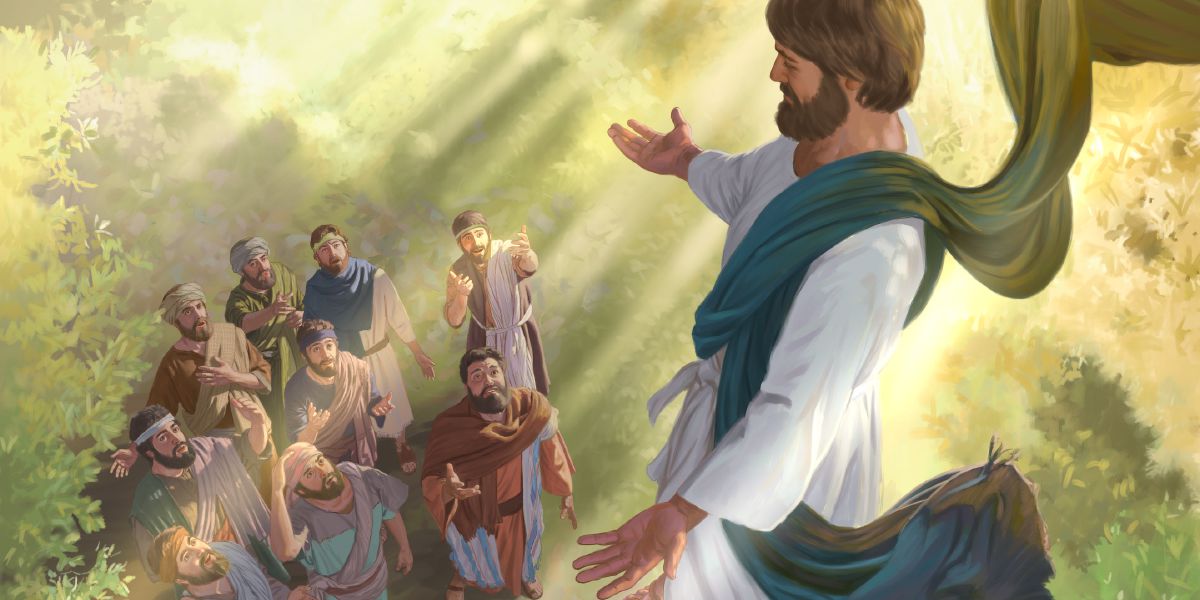Gesù ascende al cielo e i suoi apostoli lo guardano
