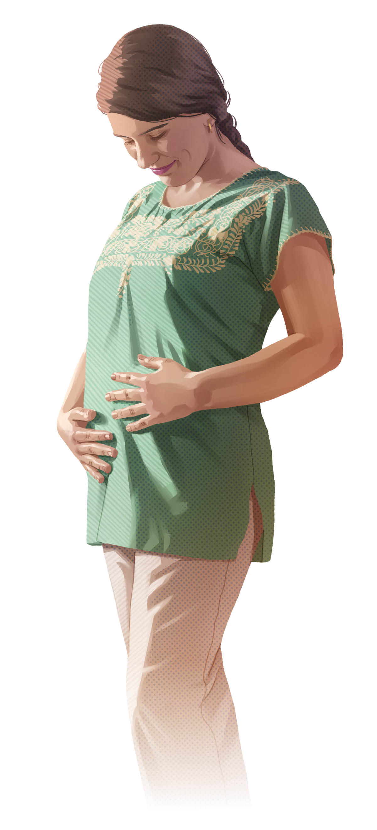 Una donna incinta si accarezza la pancia.