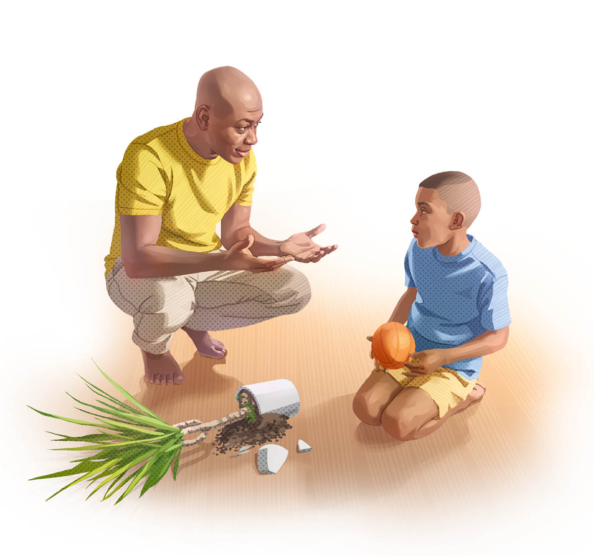 Un padre si abbassa all’altezza del figlio e gli parla. Il bambino ha in mano una palla e a terra c’è il vaso rotto di una pianta.