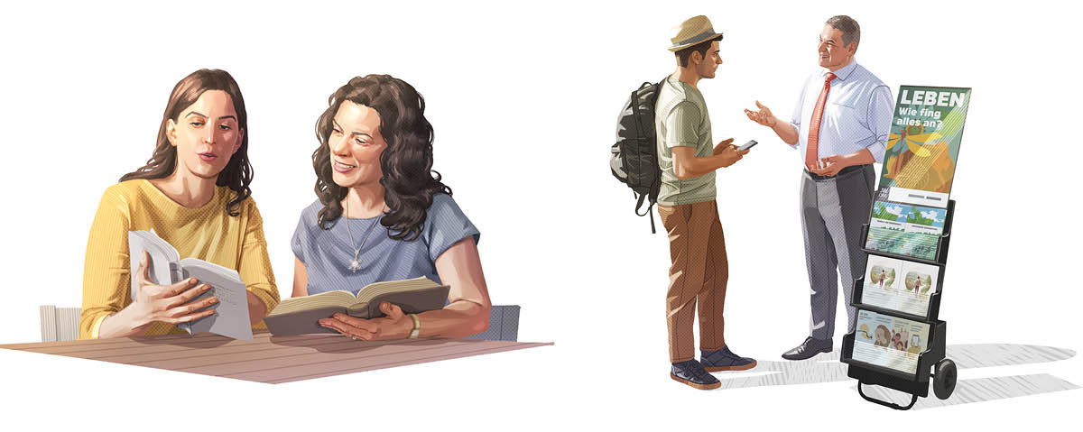 Collage: Testimoni di Geova che predicano. 1. Una sorella legge e spiega un passo biblico a una donna. 2. Un fratello parla delle verità bibliche con un uomo accanto a un espositore mobile.