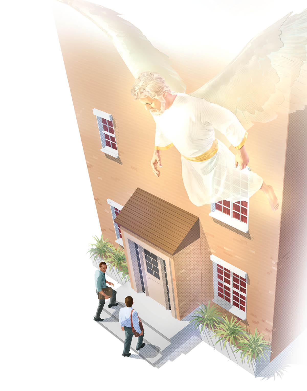 Un angelo guida due testimoni di Geova mentre predicano di casa in casa.