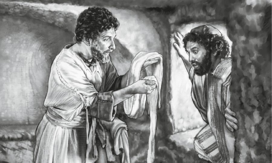 Pietro e Giovanni guardano i panni di lino in cui era stato avvolto il corpo di Gesù