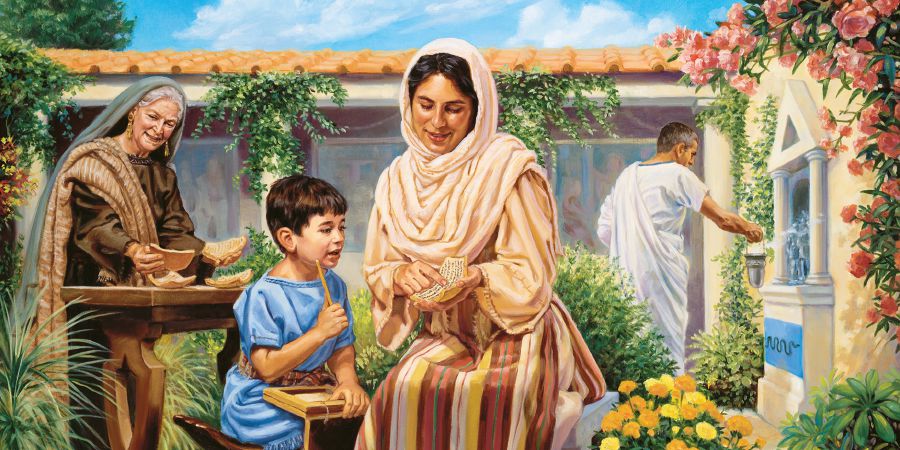 Eunice insegna al piccolo Timoteo, e lì vicino ci sono la nonna Loide e il padre