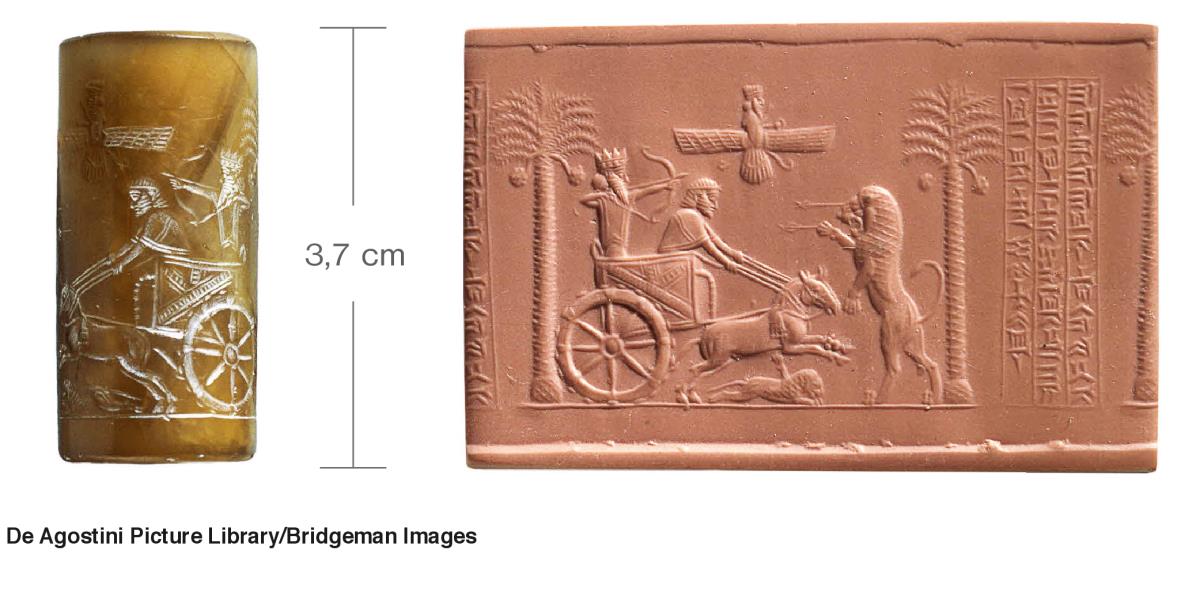 Sigillo a cilindro (e relativa impronta su argilla) che raffigura il re persiano Dario I a caccia