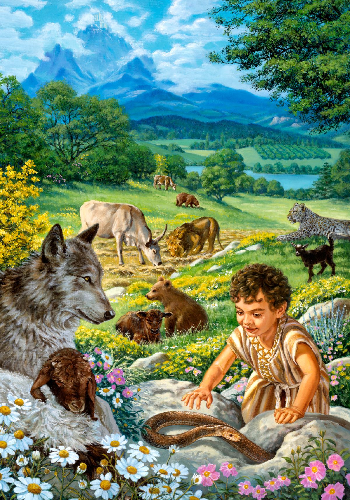 Nel Paradiso un bambino gioca in mezzo a degli animali selvatici