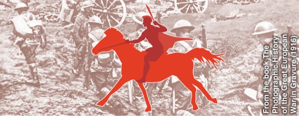 Cavallo color fuoco e soldati su un campo di battaglia