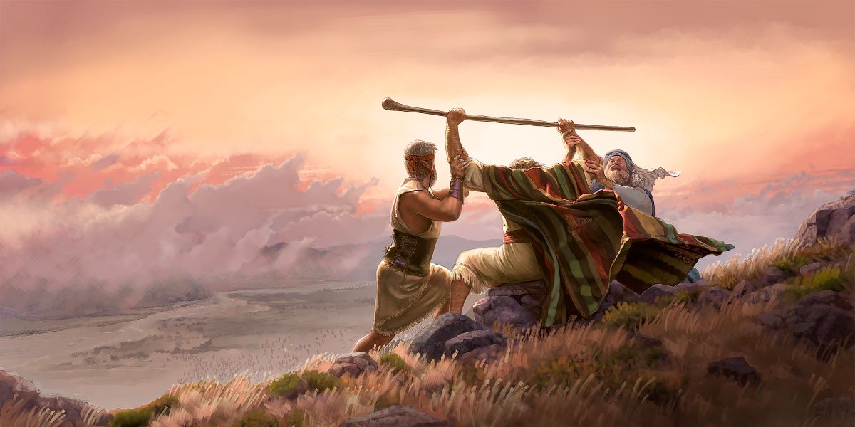 Mosè solleva la verga del vero Dio mentre Aaronne e Hur gli sostengono le braccia