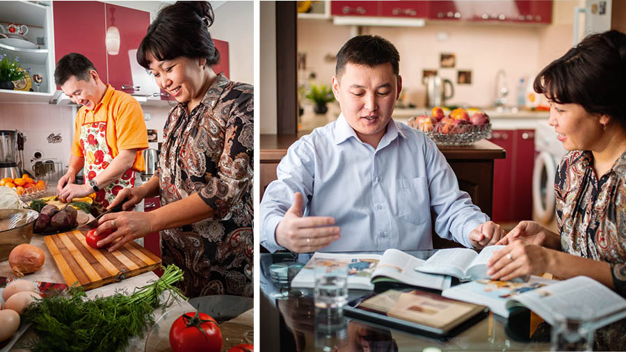 Collage: 1. Un marito è felice di aiutare la moglie a cucinare. 2. La stessa coppia fa l’adorazione in famiglia.
