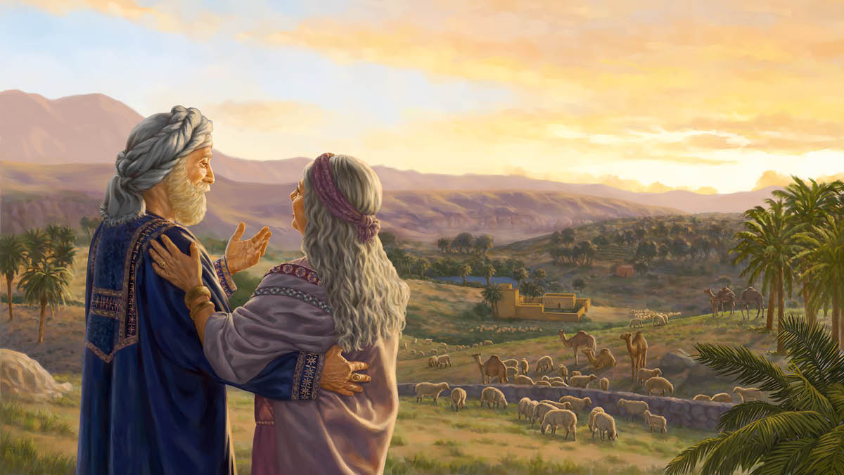 Giobbe e sua moglie su una collina osservano il loro bestiame e la loro casa.