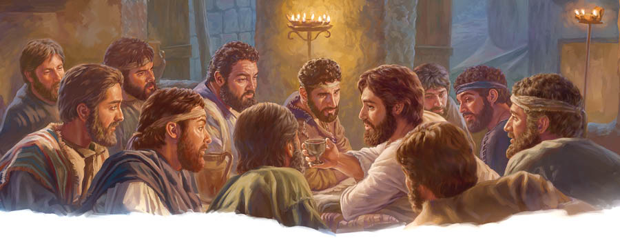 Gesù riunito a tavola insieme ai suoi apostoli fedeli durante la Cena del Signore.
