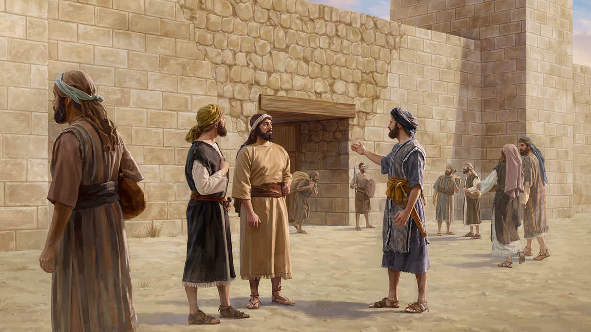 Neemia dà istruzioni a due uomini fuori da una delle porte di Gerusalemme.