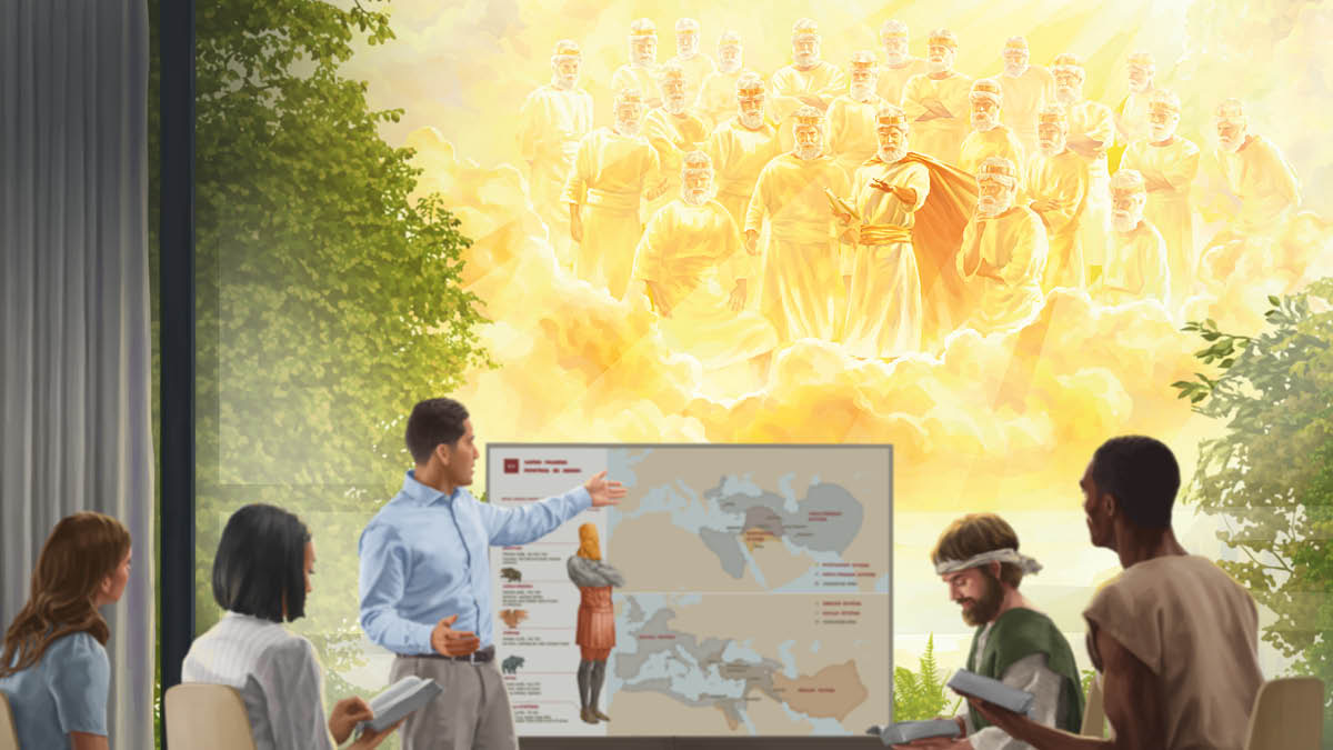 La stessa scena rappresentata nell’articolo precedente, ma vista da un’altra angolazione. Dal cielo Gesù e i 144.000 osservano il fratello che spiega a dei risuscitati il significato della statua che Nabucodonosor vide nel sogno riportato nel capitolo 2 di Daniele.