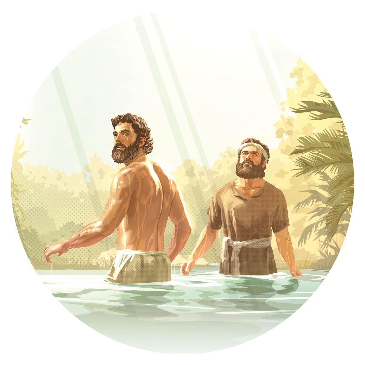 Gesù e Giovanni Battista, in acqua, sentono una voce dal cielo dopo il battesimo di Gesù.