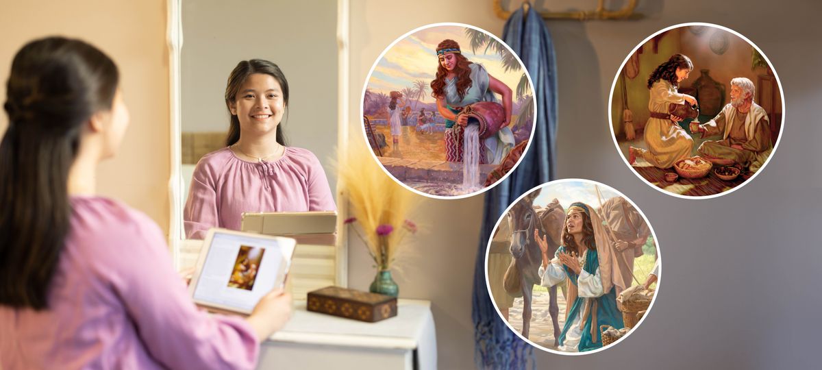 Collage: Una giovane sorella si guarda allo specchio e riflette su quello che ha letto in una pubblicazione basata sulla Bibbia. Nei cerchi: 1. Rebecca versa acqua per i cammelli in un abbeveratoio. 2. Ester serve un pasto a Mardocheo. 3. Abigail in ginocchio implora di salvare la sua vita e la vita di tutti quelli della sua casa.