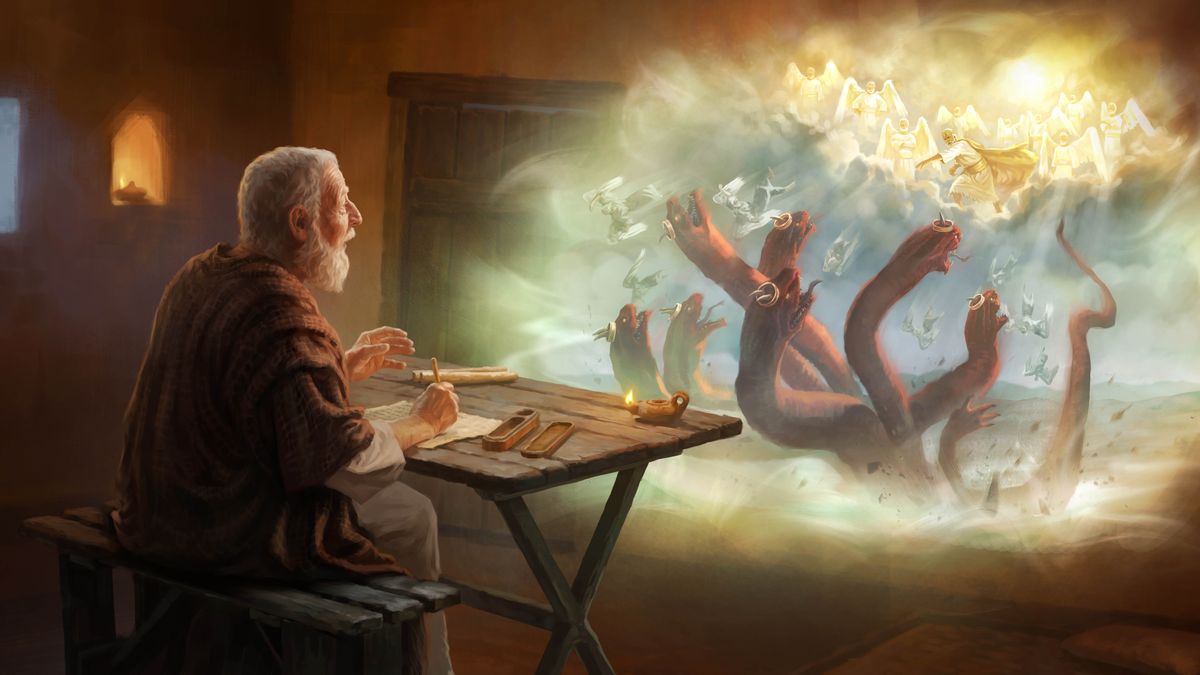 L’apostolo Giovanni scrive la rivelazione che riceve da Gesù. In una visione vede il glorificato Gesù che getta sulla terra un gran dragone rosso fuoco e i demòni.