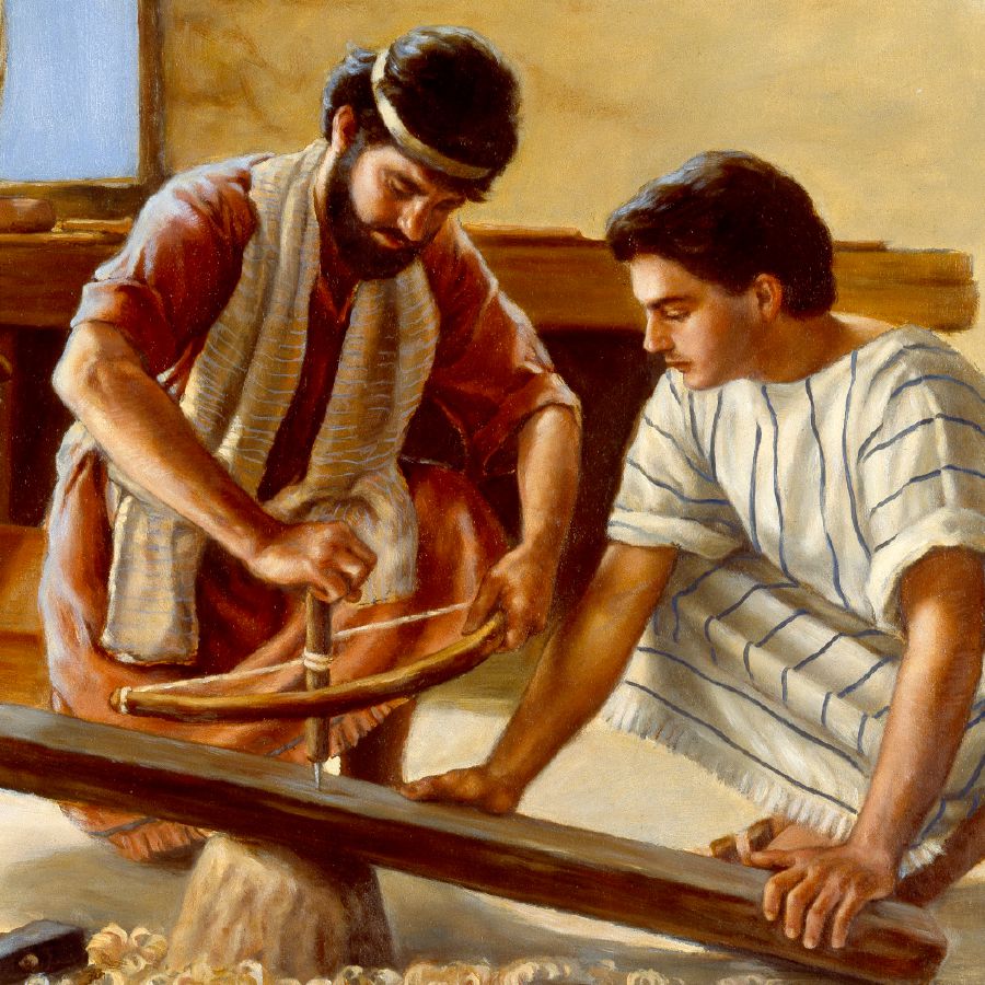 Giuseppe insegna a Gesù il mestiere di falegname
