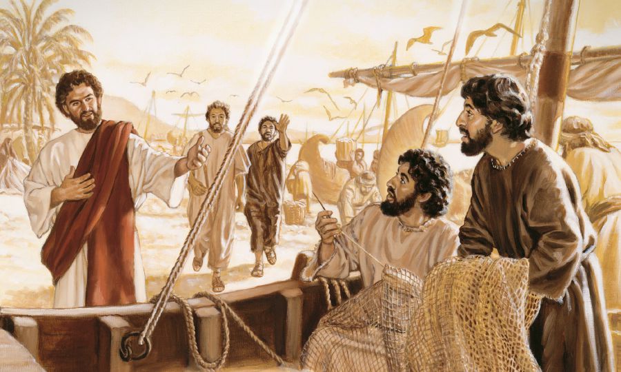 イエスがヤコブとヨハネに弟子になるように呼びかけるのを，ペテロとアンデレが見ている
