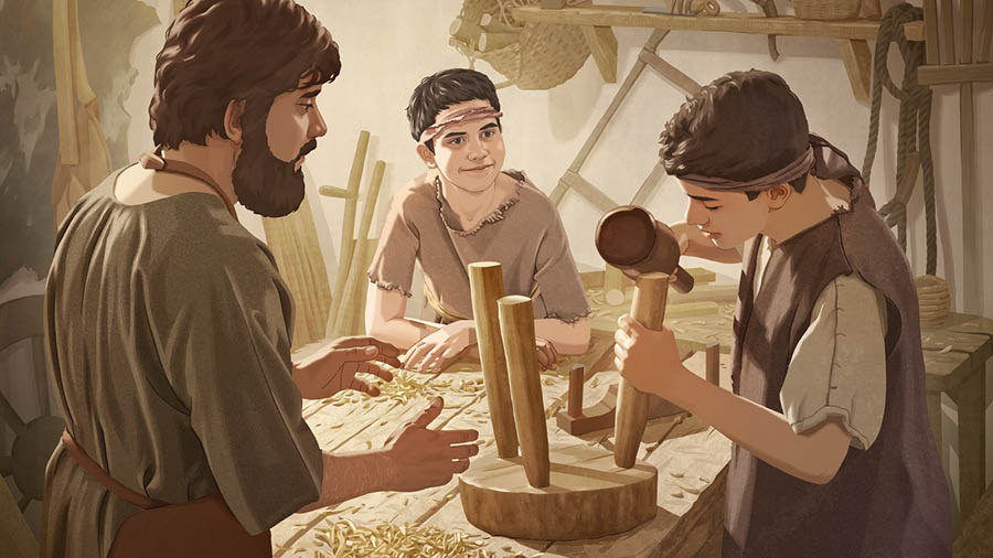 ヨセフがイエスに大工仕事を教えているのを，幼いヤコブが見ている。