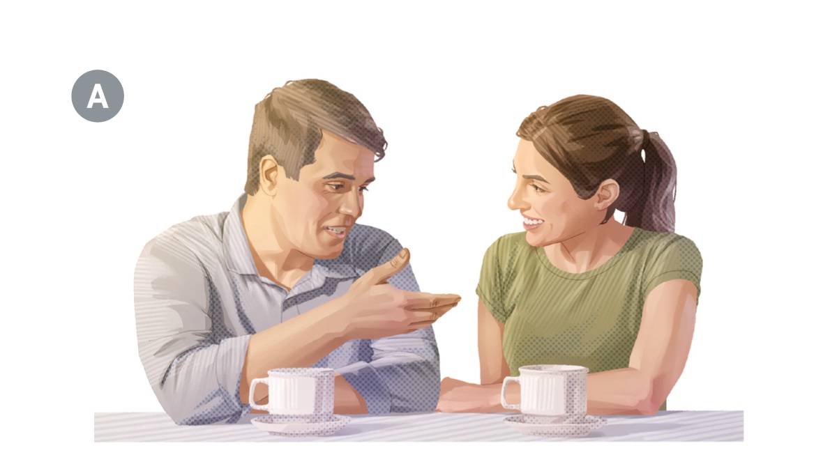 A. 夫婦がコーヒーを飲みながら話している。