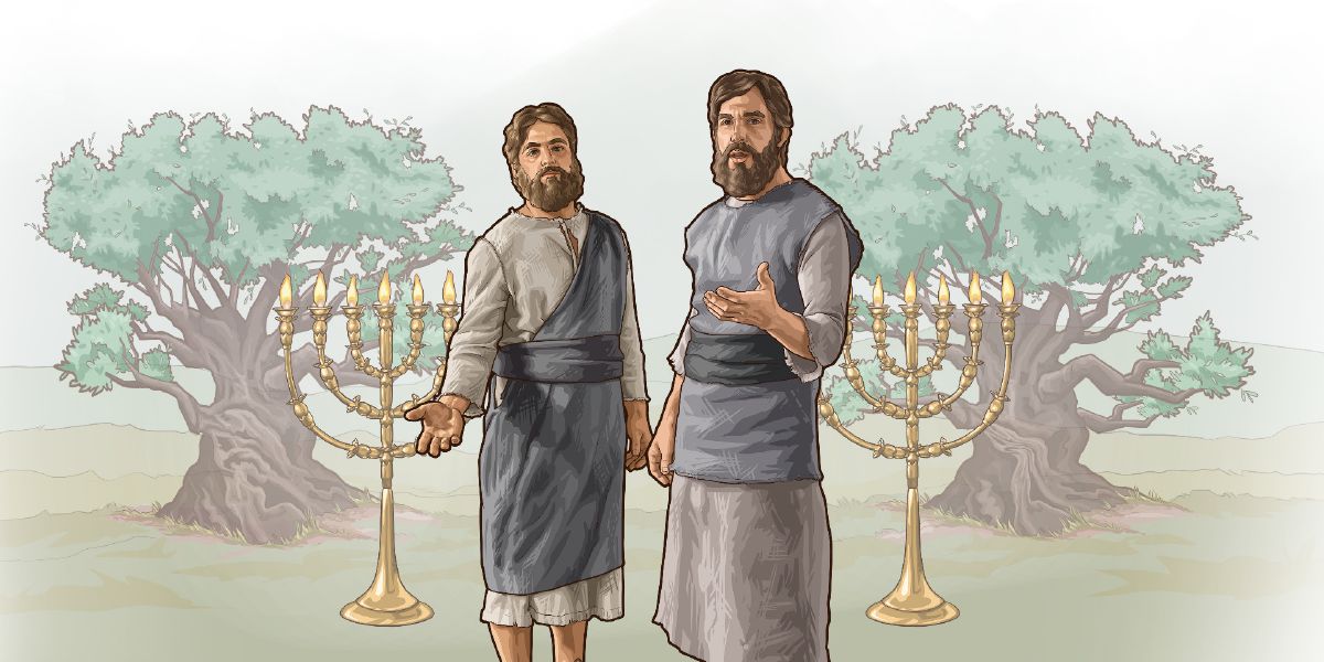 啓示の書に出てくる「2人の証人」が，2本のオリーブの木と2つのランプ台の前に立っている。