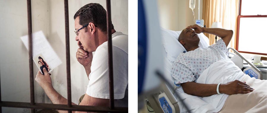 写真1: ある兄弟が牢屋の中で家族からの手紙を読んでいる。写真2: ある兄弟が病院のベッドの上にいる。