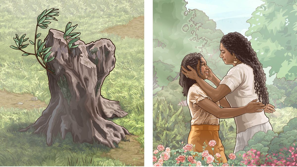 画像1: 木の切り株から芽が出ている。画像2: パラダイスで復活した娘を母親が抱き締めている。