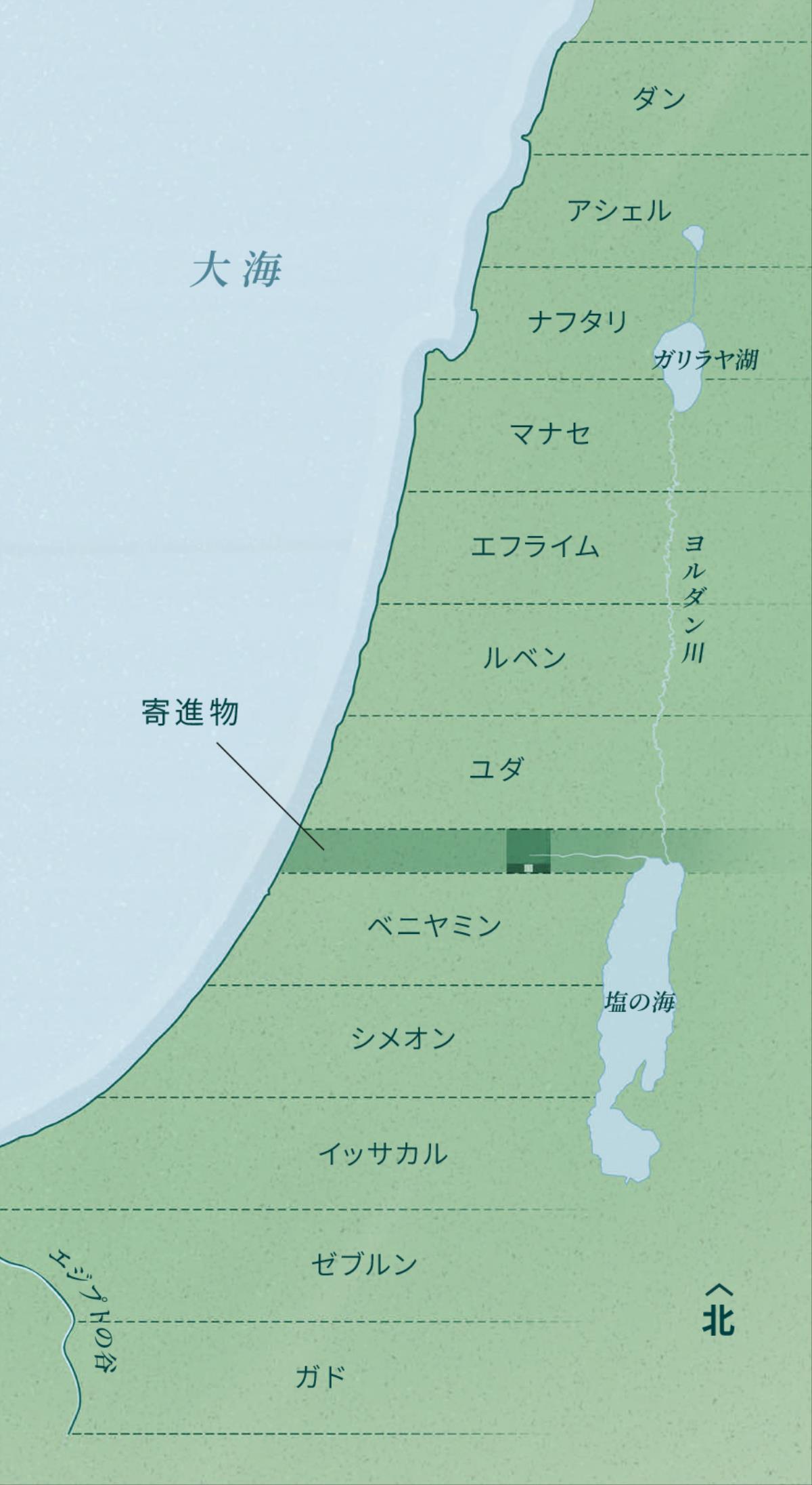 バビロン捕囚から帰還する人たちに割り当てられる土地の境界を，エゼキエルの記録に基づいて示した地図。各部族の相続地は均等に分けられており，北から南へ順に挙げると，ダン，アシェル，ナフタリ，マナセ，エフライム，ルベン，ユダ，寄進物（統治や管理のための土地），ベニヤミン，シメオン，イッサカル，ゼブルン，ガドとなる。