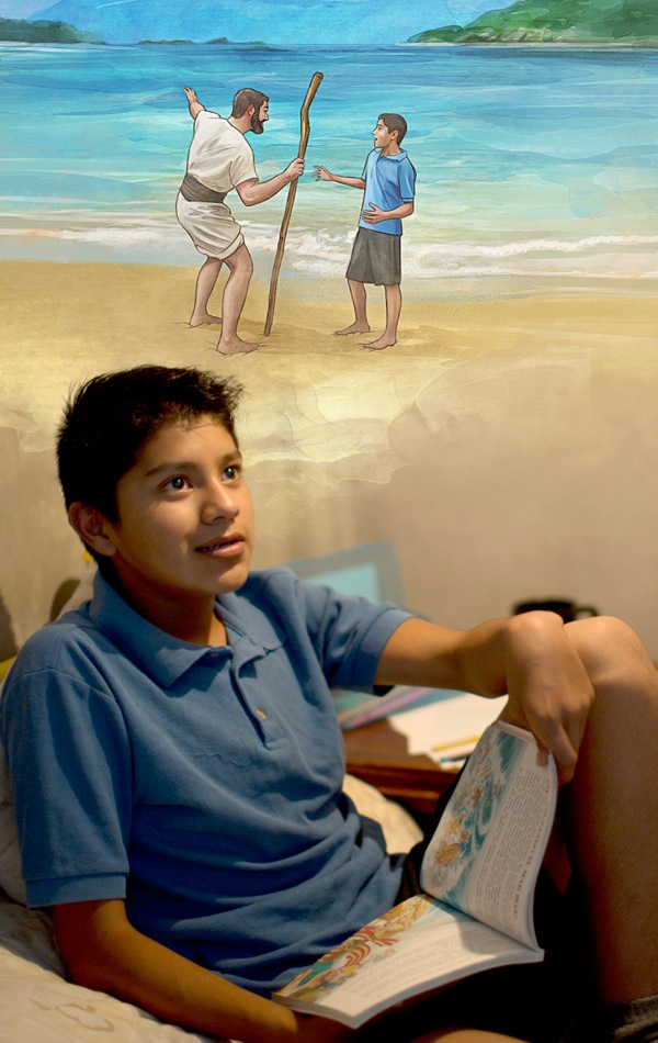 10代の少年が聖書の物語を読み，自分が楽園で忠実な僕と話している様子を思い描いている