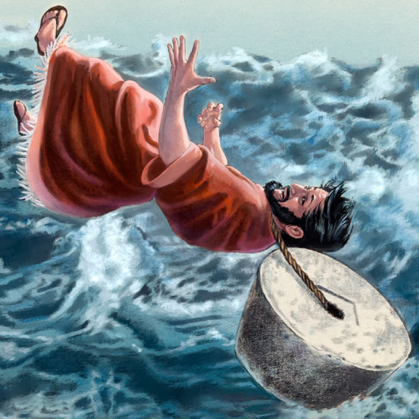 A man with a millstone around his neck being pitched into the sea