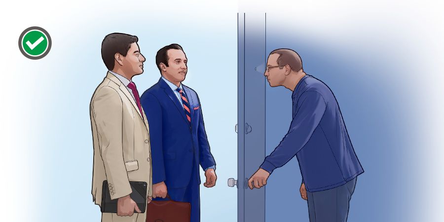 봉사 중인 두 형제가 문 앞에 조용히 서 있고, 집주인이 문구멍으로 형제들을 바라보는 모습