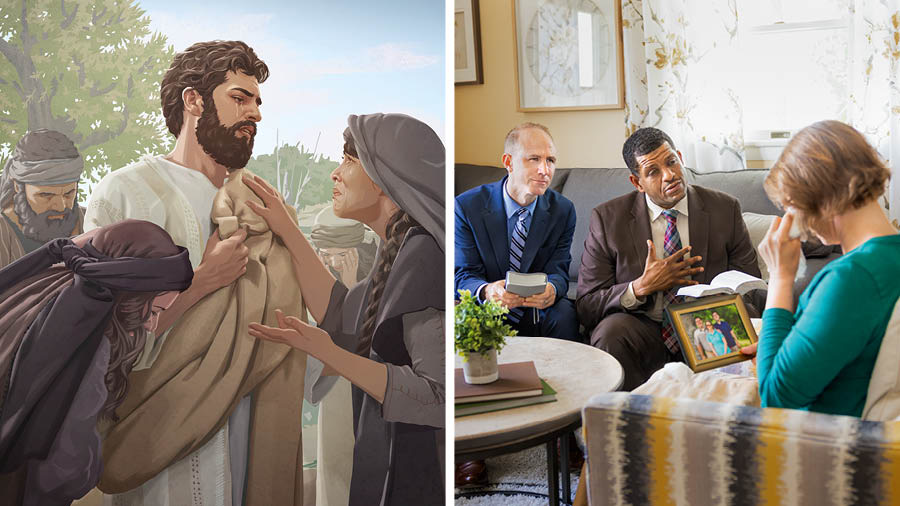 Collage: 1. Yesu, Maria, Marta mpe bantu ya nkaka ke na dilaka. 2. Bakuluntu zole ke na pesá ngolo na mpangi mosi ya kento yina me fwidila muntu ya dikanda.