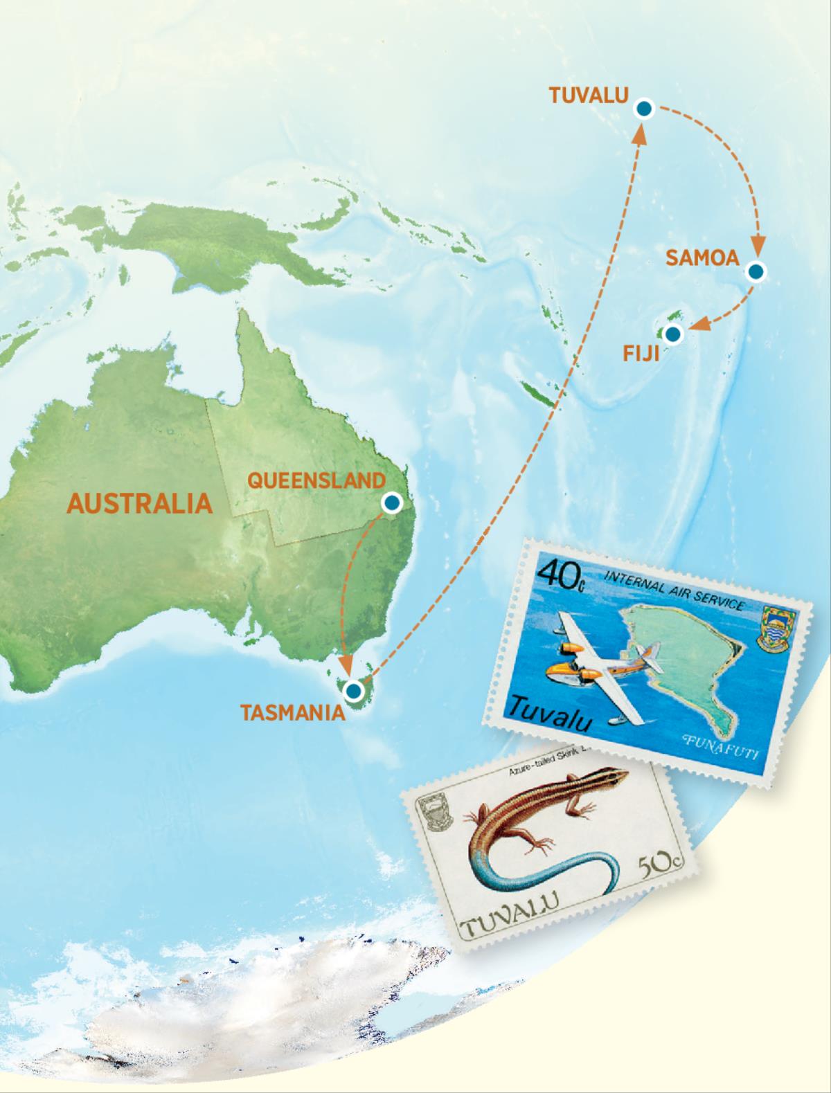 Mapa yabonisa naha ya Australia, Tasmania, Tuvalu, Samoa, ni ya Fiji