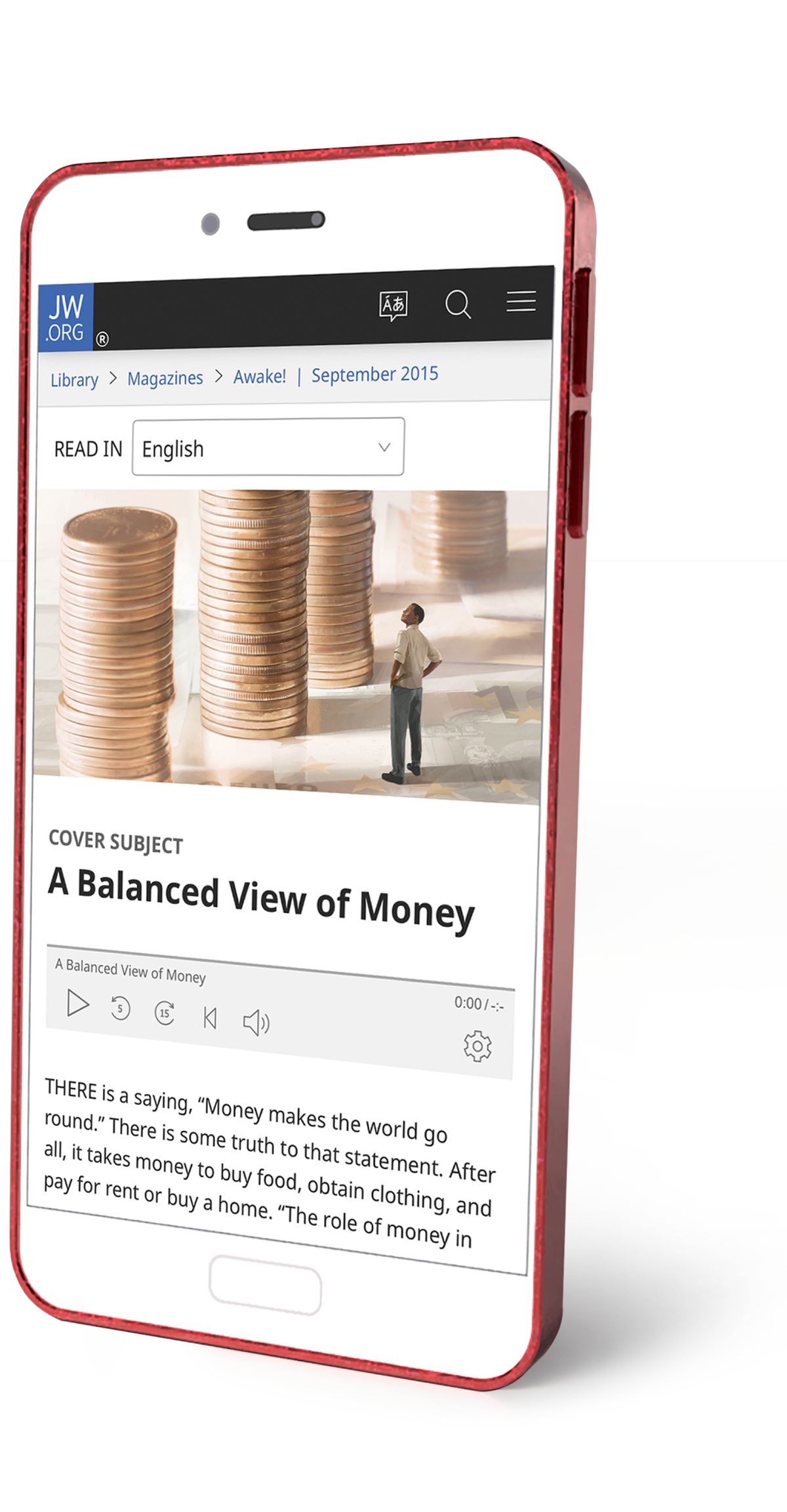 Tshiena-bualu tshia mu jw.org tshia “Mua kuikala ne mmuenenu muimpe wa makuta” tshimueneka mu telefone.