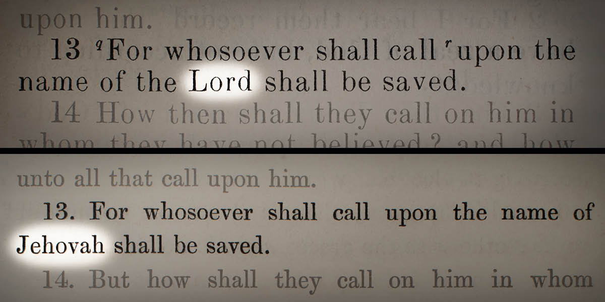Bimfuanyi bilamakaja: Lomo 10:13 mu nkudimuinu ibidi ya Bible. 1. Batokeshe muaba udi muanzu “Mukalenge” mu Bible wa “King James Version.” 2. Batokeshe muaba udi dîna dia “Yehowa” mu nkudimuinu wa Parker wa mu 1864.