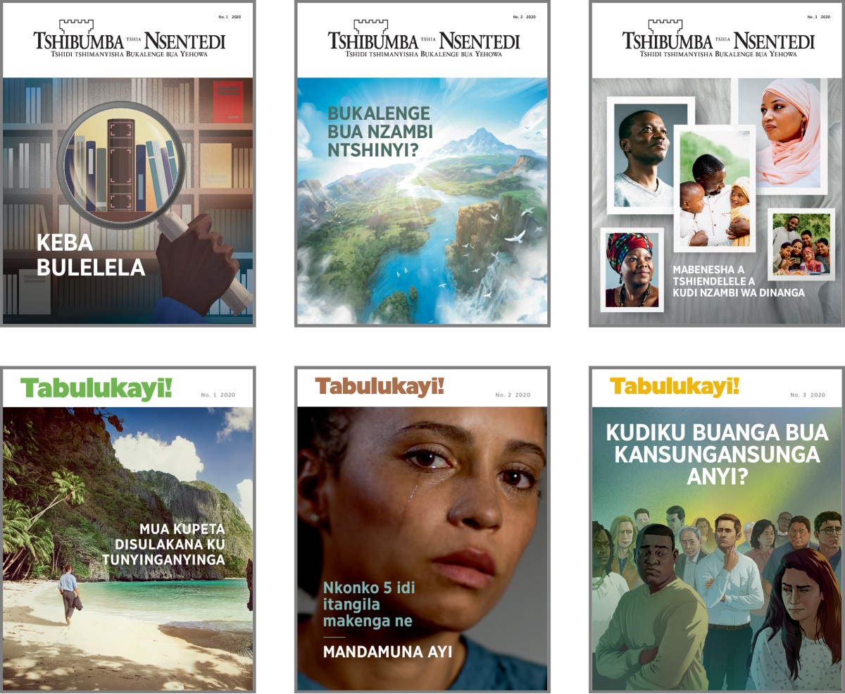 Foto: Biena-bualu bituvua bakuila mu ‘Tshibumba tshia Nsentedi’ ne ‘Tabulukayi!’ mu 2020. 1. ‘Keba bulelela.’ 2. ‘Bukalenge bua Nzambi ntshinyi?’ 3. ‘Mabenesha a tshiendelele a kudi Nzambi wa dinanga.’ 4. ‘Mua kupeta disulakana ku tunyinganyinga.’ 5. ‘Nkonko 5 idi itangila makenga ne mandamuna ayi.’ 6. ‘Kudiku buanga bua kansungansunga anyi?’