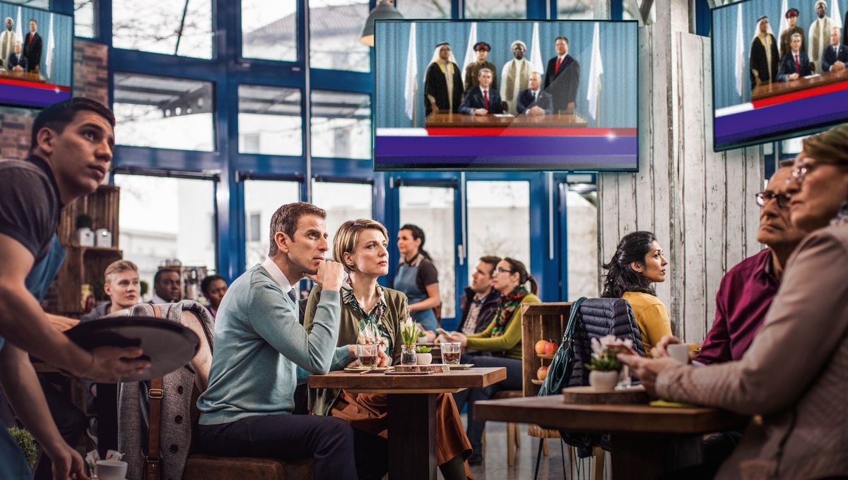 Muanetu mukuabu ne mukajende muaba wa kunuina kafe, batangila ngumu ku TV ya tshisangillu tshia balombodi ba pa buloba badisangishe pamue. Bantu bonso badi muaba au mbatangile ne ntema yonso.