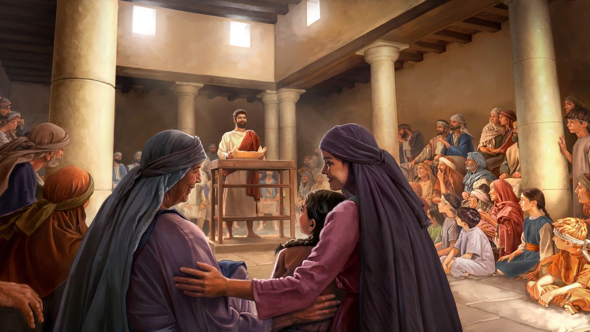 Yezu wakula mu nsunagoga, mubulule muvungu. Balume ne bakaji ne bana biteleje ne ntema yonso.