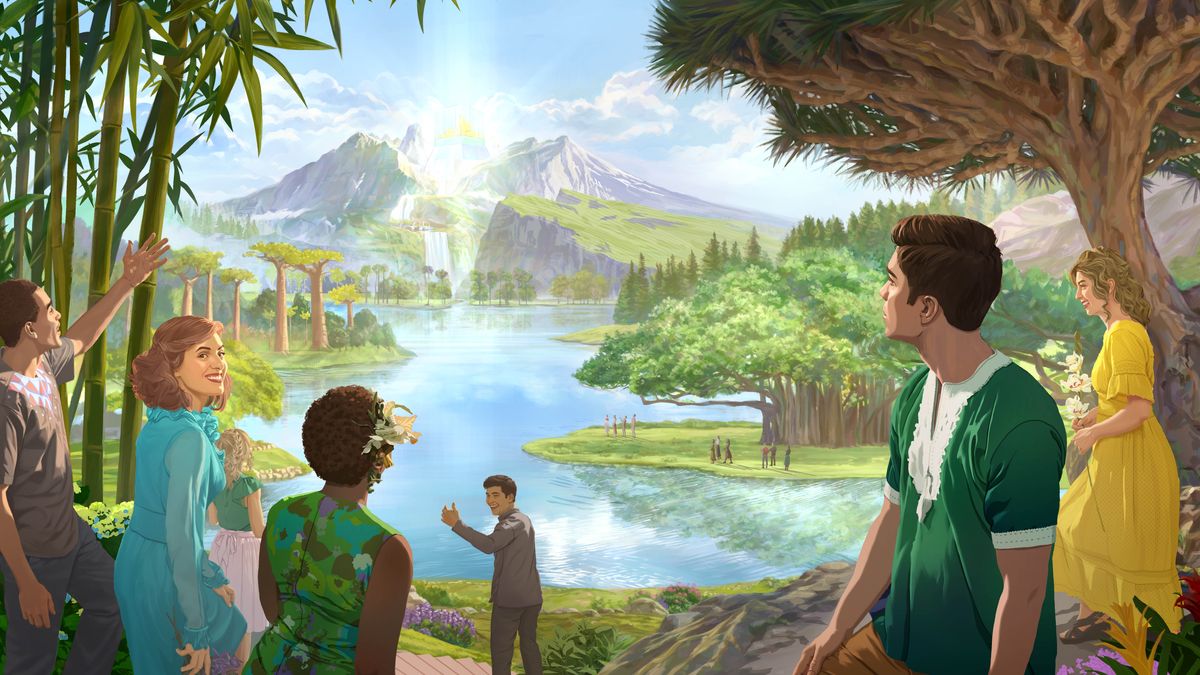 Bantu ne disanka mu mparadizu pa buloba. Lua ku bule, musulu wa mâyi upueka ufumina mu tshimenga tshia mu tshimfuanyi tshia Yelushalema mupiamupia. Mitshi milenga mikale ku nseke yawu yonso ibidi.