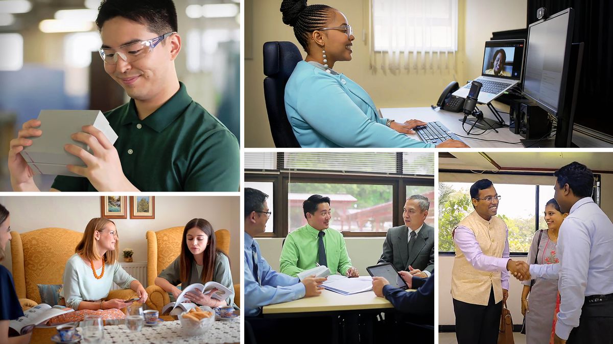 Foto: Bimfuanyi bia malu a mu filme wa “Ntshinyi tshiwenza “bua lumu luimpe”?” 1. Muanetu Tomohiro Nishimura wenza mudimu wa dilamakaja mikanda ku Betele. 2. Muanetu wa bakaji Happiness Mabho wenza mudimu ku ordinatere wende mu biro bia dikudimuna. 3. Rayner ne Keziah Fernando ba mu mudimu wa luibaku badi ku Betele bela muanetu wa balume muoyo . 4. Muanetu George Telan, wenza mudimu ne bana betu bakuabu ba balume ku Tshibambalu tshia mudimu tshia ku Betele. 5. Muanetu wa bakaji Ramona Welsch ulongesha muntu Bible.