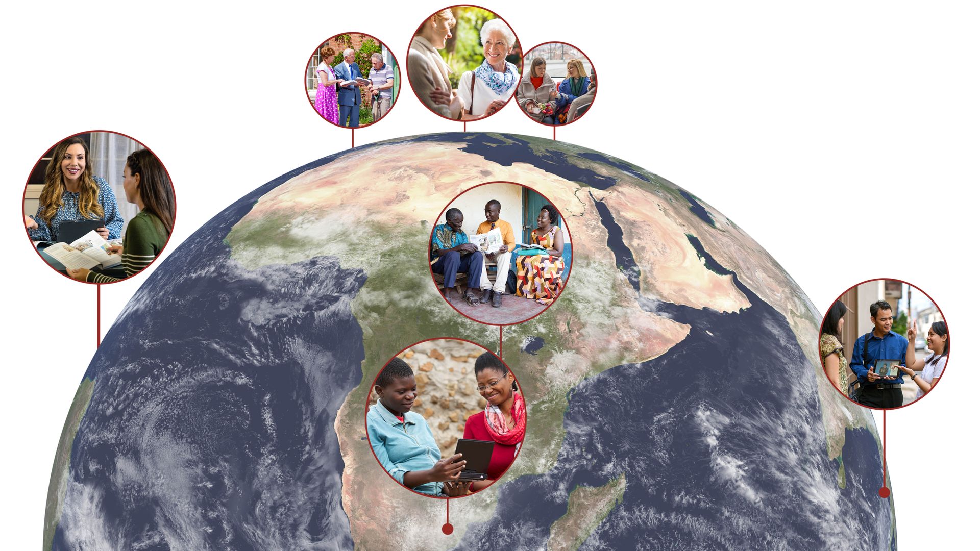 Foto: Bana betu bayisha lumu luimpe pa buloba bujima. 1. Muanetu wa bakaji ulongesha mamu mukuabu Bible ne mukanda wa “Shala ne muoyo kashidi!” 2. Bena dibaka babidi mu buambi bua ku nzubu ne ku nzubu babadila tatu mukuabu Bible. 3. Muanetu wa bakaji uyisha mamu mukuabu. 4. Bena dibaka babidi mu buambi bua ku nzubu ne ku nzubu babadila mamu mukuabu Bible. 5. Bena dibaka babidi balongesha tatu mukuabu Bible ne broshire wa “Shala ne muoyo kashidi!” 6. Muanetu wa bakaji uleja mamu mukuabu filme. 7. Bena dibaka babidi bayisha mamu mukuabu mu muakulu wa tumama, bamuleja ne filme.