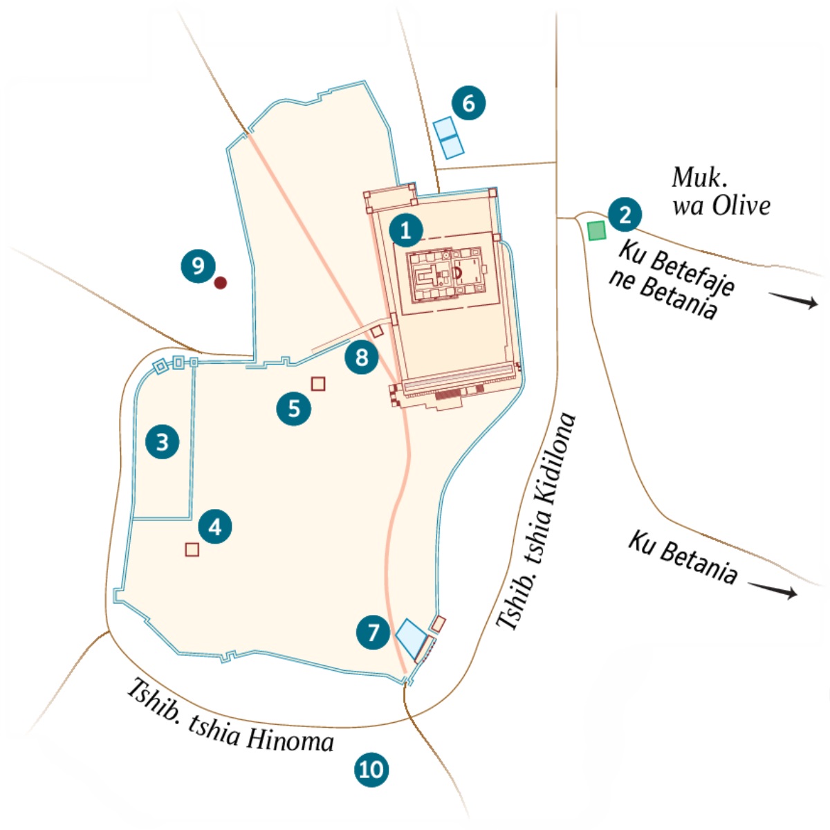 Karte ka Yelushalema ne miaba ya kumpenga kuende. Mbatele miaba ivua mimanyike. 1. Ntempelo. 2. Budimi bua Getesemane. 3. Dibalasa dia nguvena. 4. Nzubu wa Kayifa. 5. Dibalasa divua Helode Antipa ulua kusombela. 6. Dijiba dia Beteseda. 7. Dijiba dia Siloama. 8. Nzubu wa Tshilumbuluidi Tshinene. 9. Gologota. 10. Akeledama.