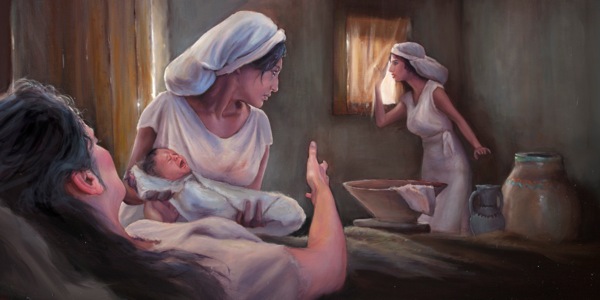 Bakaji baleleshi babidi bena Ebelu Shifela ne Pua badi batabalela mukaji muena Ebelu udi ulela muana wa balume