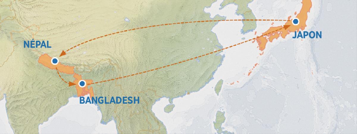 Karte kadi kaleja njila wa kumbukila mu Japon kuya mu Népal, mu Bangladesh, ne kupingana mu Japon