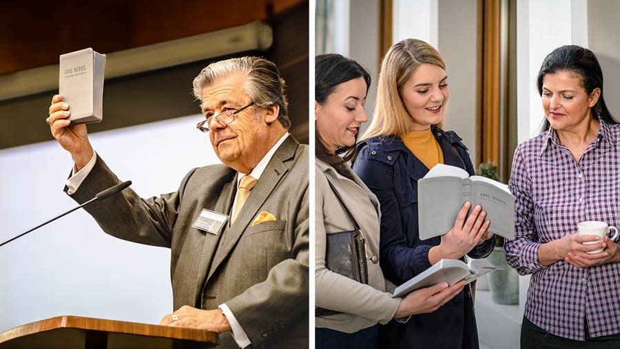 Gerrit Lösch wa mu Kasumbu kaludiki umanyisha dipatuka dia Bible—Nkudimuinu wa bulongolodi bupiabupia muakajilula mu tshiena Allemagne; bana betu ba bakaji babidi ba mu Allemagne bayisha ne Bible mupiamupia eu