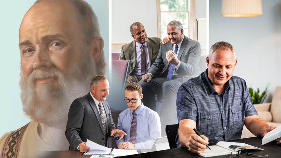 Foto milamakaja: 1. Paulo utua mimuemue muikale ne mpala wa ditalala. 2. Mukulu ulongesha muanetu wa balume utshidi nsonga bua kuenza midimu mikuabu. 3. Badi basamba mukulu au kudi mukulu mukuabu. 4. Mukulu au udi ne disanka dia kulonga Bible ku diambuluisha dia mukanda kampanda.